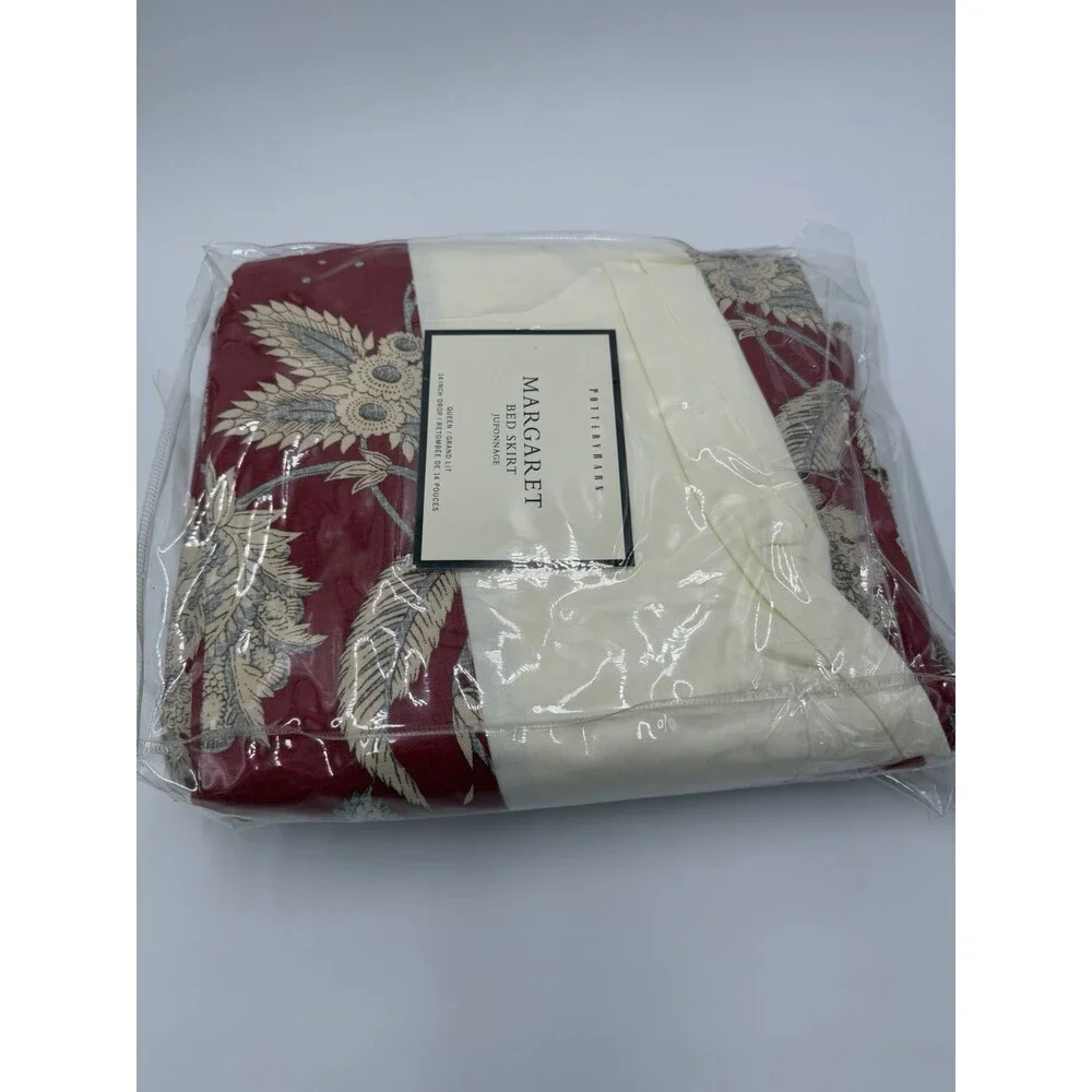 Pottery Barn Margaret bed skirt juponnage Cotton Linen Floral Beige Red Queen